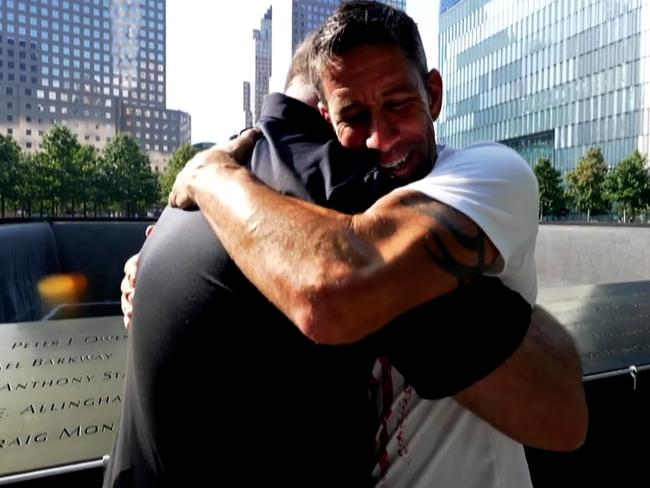 Pasquale Buzelli embraces his rescuer, firefighter Michael Morabito (right). Picture: 60 Minutes/Nine