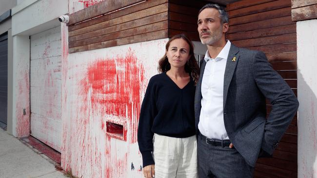 Executive Council of Australian Jewry co-chief executive Alex Ryvchin and wife Vicki outside their former Sydney home, which was the subject of an anti-Semitic attack. Picture: Max Mason-Hubers / The Australian