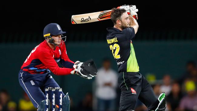 Glenn Maxwell on his way to a T20 ton against England this week. Picture: Getty Images