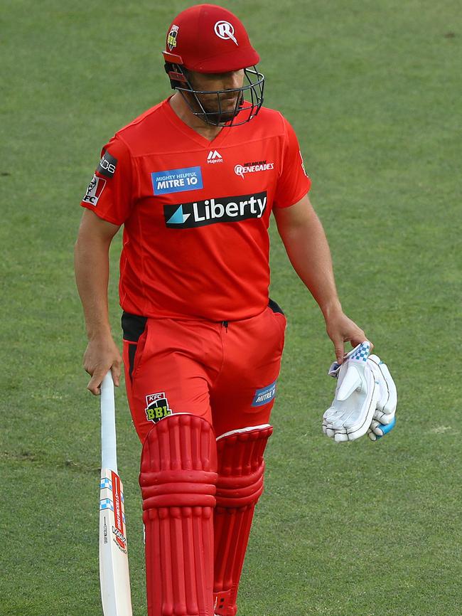 Aaron Finch heads off after his early dismissal against the Stars.