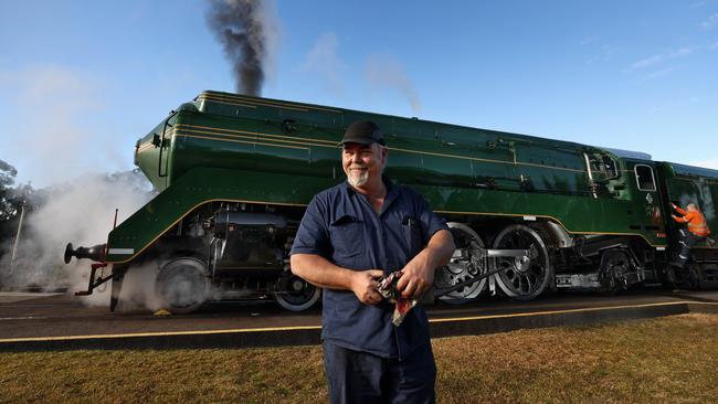 Transport Heritage NSW Workshop manager Ben Elliott with Australian built Locomotive 3801 at the NSW Rail Museum in Thirlmere, NSW. Picture: Dylan Coker