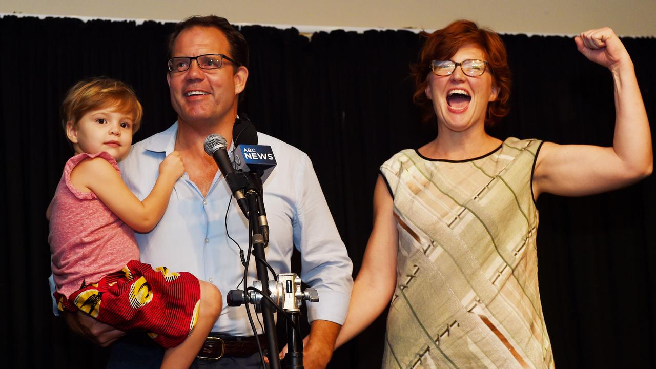 Claiming victory at the 2016 election: Luke Gosling with his wife Kate Gosling and daughter Sally, then 4.