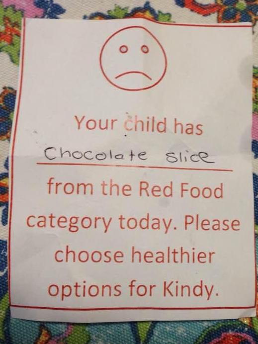 Note sent home by a kindergarten to a South Australian mother who put cake into her child's lunch box. Picture: Supplied