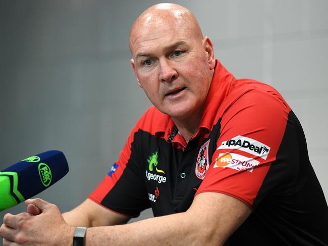 Dragons coach Paul McGregor is seen during a post match press conference following the Round 6 NRL match between the Gold Coast Titans at the St George Illawarra Dragons at Suncorp Stadium in Brisbane, Saturday, June 20, 2020. (AAP Image/Dan Peled) NO ARCHIVING, EDITORIAL USE ONLY