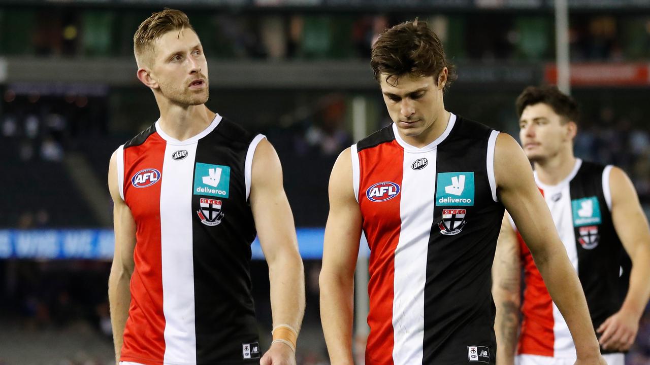 MELBOURNE, AUSTRALIA - MAY 22: Shaun McKernan (left) and Jack Steele of the Saints look dejected after a loss during the 2021 AFL Round 10 match between the Western Bulldogs and the St Kilda Saints at Marvel Stadium on May 22, 2021 in Melbourne, Australia. (Photo by Michael Willson/AFL Photos via Getty Images)
