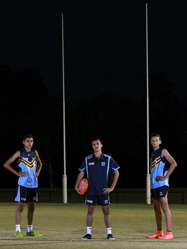 Yousuf Ismail, Abdullah Ayaz and Jacob Moussa at the Kelso North AFL fields.