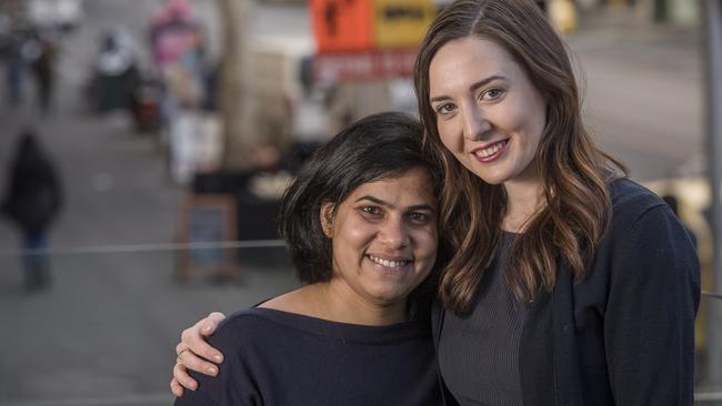 Charlotte Galpin (right) is one of the people who helped save the injured on the street after the Bourke St tragedy and was one of the first to assist Kristnamurthy, staying with her until help arrived. Picture: Jason Edwards