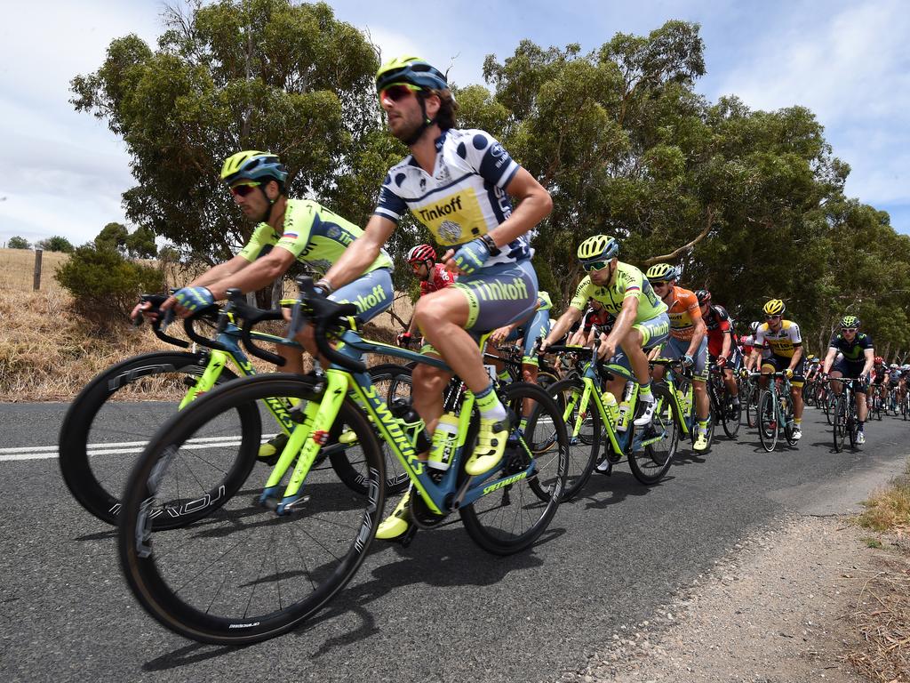 Italian rider Manuele Boaro (front) and his Tinkoff teammates lead the peloton. Picture: Dan Peled