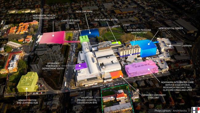 The Launceston General Hospital masterplan, showing original plans to situate the Calvary Launceston Private Hospital at 52 Frankland St. Picture: Department of Health/ Philp Lighton Architects