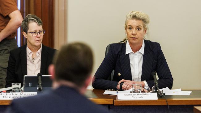 Senator Bridget McKenzie speaks to Qantas CEO Alan Joyce during a senate hearing into the cost of living. Picture NCA NewsWire / Aaron Francis