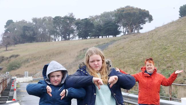 Julie Oataway is frustrated by the closure of the Pollocksford Rd bridge. It means she is cut off from her grandchildren Billy, 9, and Ebony, 12, who live in Bannockburn. Julie has to drive an extra 60 minutes to see them every week because of the bridge closure. Picture: Alan Barber