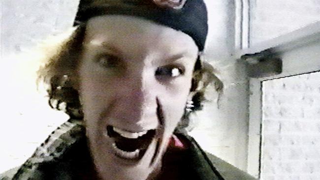 Dylan Klebold yells into the camera in footage from a school project.