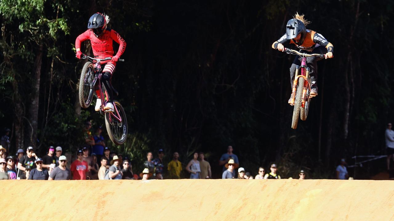 Caroline Buchanan and Jenna Hastings compete in the Speed and Style competition on Day Two of the 2023 Crankworx Cairns mountain bike festival, held at the Smithfield Mountain Bike Park. Picture: Brendan Radke