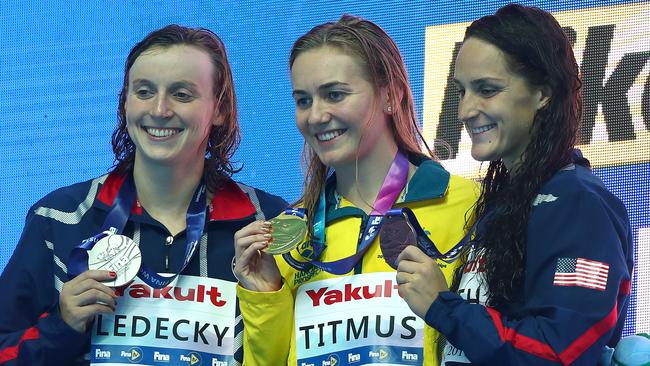 Ariarne Titmus beat Katie Ledecky to gold in the women’s 400m freestyle at the world titles. Picture: Getty Images