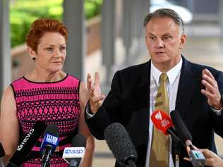 One Nation party leader Pauline Hanson (left) and One Nation candidate and state leader for NSW Mark Latham speak to the media in Sydney, Wednesday, November 7, 2018. Picture: JOEL CARRETT