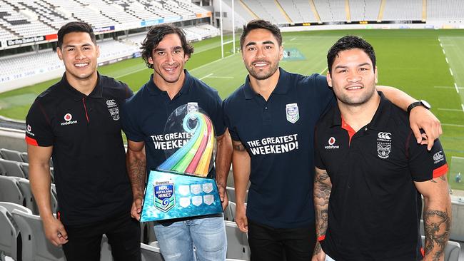 AUCKLAND, NEW ZEALAND — OCTOBER 05: (L-R) Roger Tuivasa-Scheck, Johnathan Thurston, Issac Luke and Shaun Johnson pose with the NRL Nines trophy during the 2017 Auckland Nines Launch at Eden Park on October 5, 2016 in Auckland, New Zealand. (Photo by Phil Walter/Getty Images)