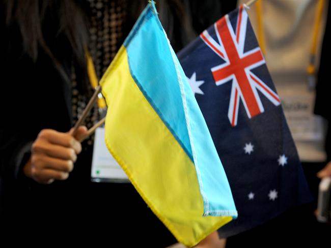 Flags at an event where former Prime Minister of Australia Tony Abbott received the Inaugural AFUO Freedom Award in recognition of his strength and international support for Ukraine, at the Rydges on Swanston in Melbourne, on Wednesday Nov. 25, 2015. (AAP Image/Joe Castro) NO ARCHIVING