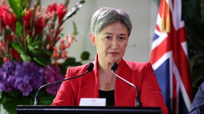 Foreign Minister Penny Wong faces the media in Auckland on Friday. The shift in Australia’s approach towards Israel from friend to foe has been rapid and dramatic, and was not foreshadowed by Labor at the 2022 election. Photo: Fiona Goodall/Getty Images).