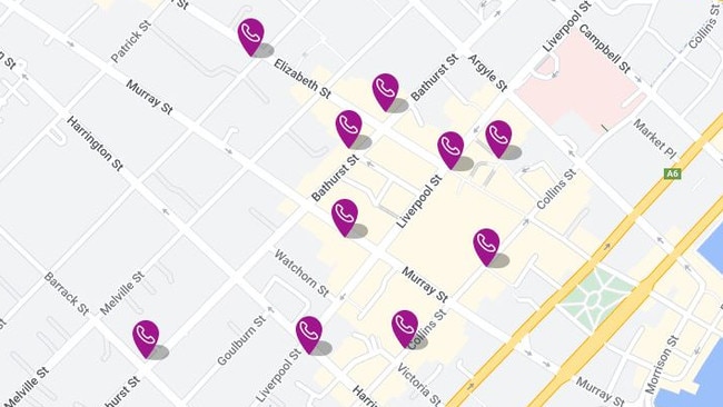 Map showing Telstra payphone locations in Hobart, Tasmania, amid a nationwide Optus outage.