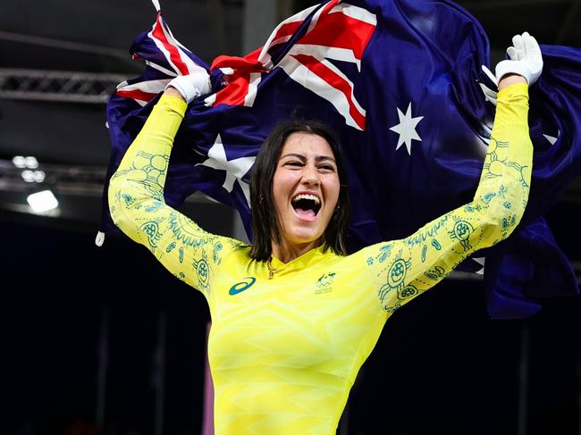 PARIS, FRANCE - AUGUST 02: Saya Sakakibara of Australia celebrates winning Gold during the Paris 2024 Olympic Games Cycling BMX Racing Final at the Saint-Quentin-en-Yvelines BMX Stadium on August 02, 2024 in Paris, France. (Photo by Pete Dovgan/Speed Media/Icon Sportswire via Getty Images)