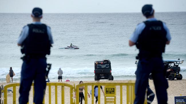 Police on guard at Maroubra Beach. Picture: Jeremy Piper