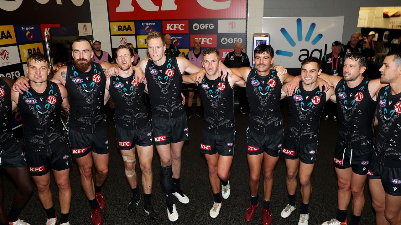 The Power boys sing the song after their win over Essendon. Picture: AFL Photos/Getty Images