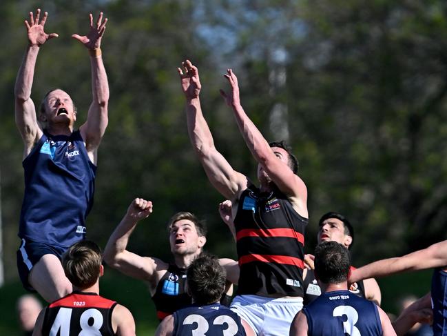 VAFA: Old Melburnians’ Justin De Steiger jumps highest. Picture: Andy Brownbill