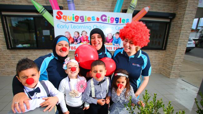 Jamal Moussa, Genwa Moussa, Aiesha Masri, Ghada Diab, Zakariah Diab, Sofia Hassan get ready for their red nose disco. Picture: Phillip Rogers