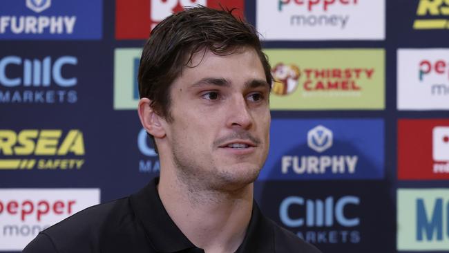 MELBOURNE, AUSTRALIA – AUGUST 29: Jack Steele of the Saints speaks to the media after a St Kilda Saints AFL training session at RSEA Park on August 29, 2023 in Melbourne, Australia. (Photo by Darrian Traynor/Getty Images)