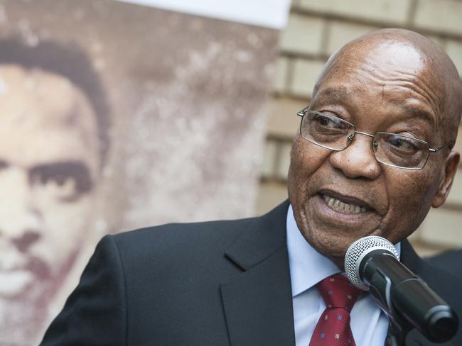 South African President Jacob Zuma, right, addresses the media in Pretroia, South Africa Tuesday, Sept 12, 2017 on the 40th anniversary of the death of anti-apartheid activist Steve Biko, back.South African leaders on Tuesday marked the 40th anniversary of the death of Steve Biko, the anti-apartheid activist and black consciousness leader who died in police custody after being severely beaten in 1977. (AP Photo)