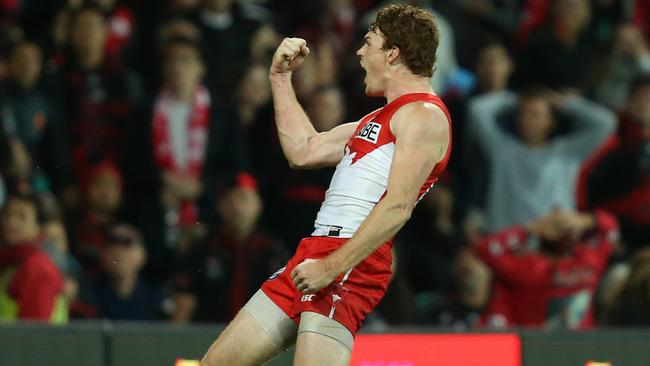 Gary Rohan sends the Swans’ fans into rapture with his matchwinning goal after the siren. Picture: AAP