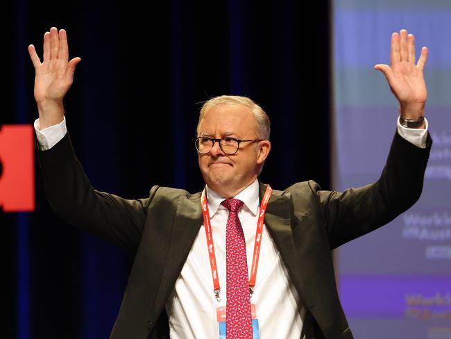 BRISBANE, AUSTRALIA - NewsWire Photos AUGUST 18, 2023: Prime Minister Anthony Albanese reacts after AUKUS was passed during the ALP National Conference in Brisbane. Picture: NCA NewsWire/Tertius Pickard