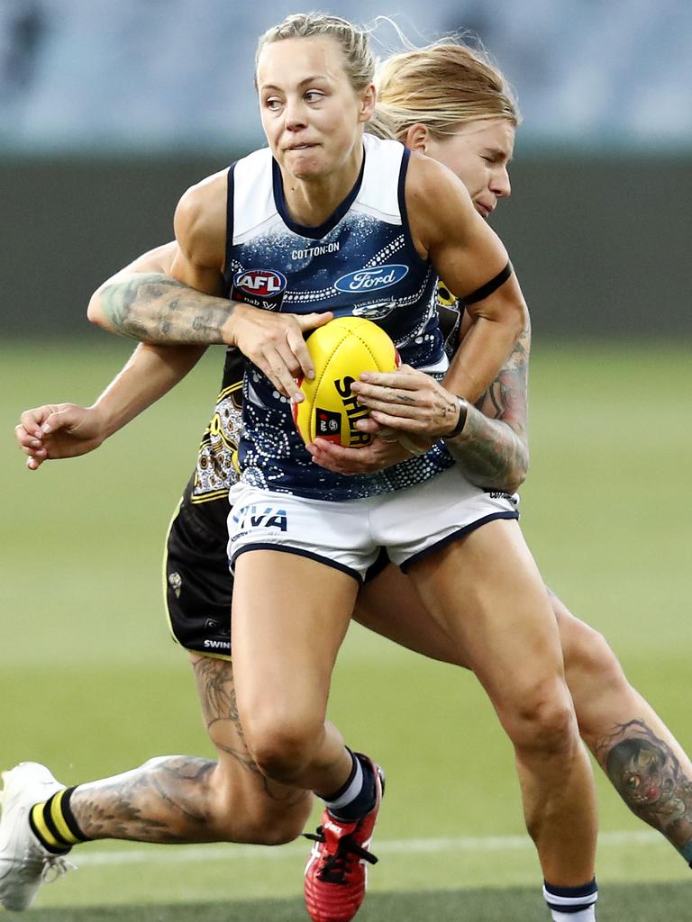 Richmond’s Phoebe Monahan tackles Geelong’s Renee Garing. Picture: Darrian Traynor/Getty Images