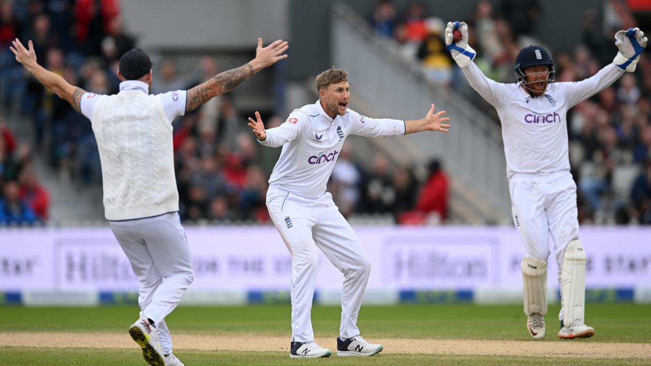 Joe Root was screaming for the finger to be raised. Photo by Gareth Copley/Getty Images.