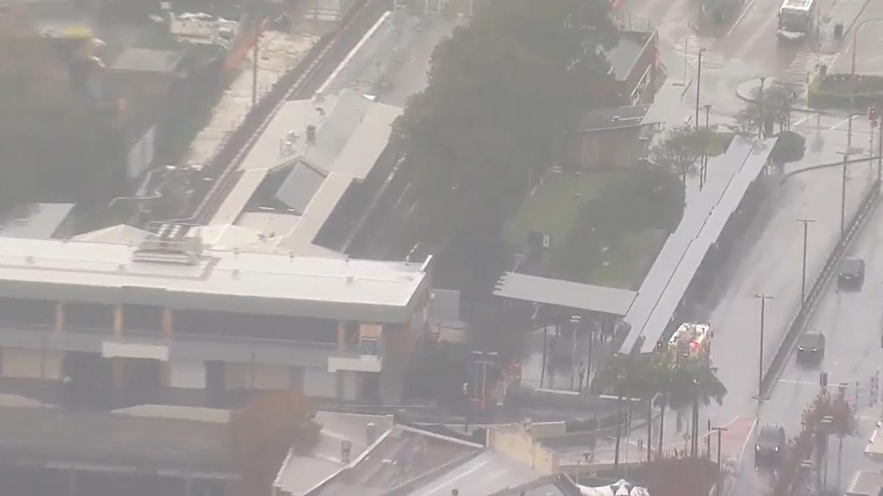 Passengers have been evacuated after a fire on a train at Bankstown station. Picture: Nine.