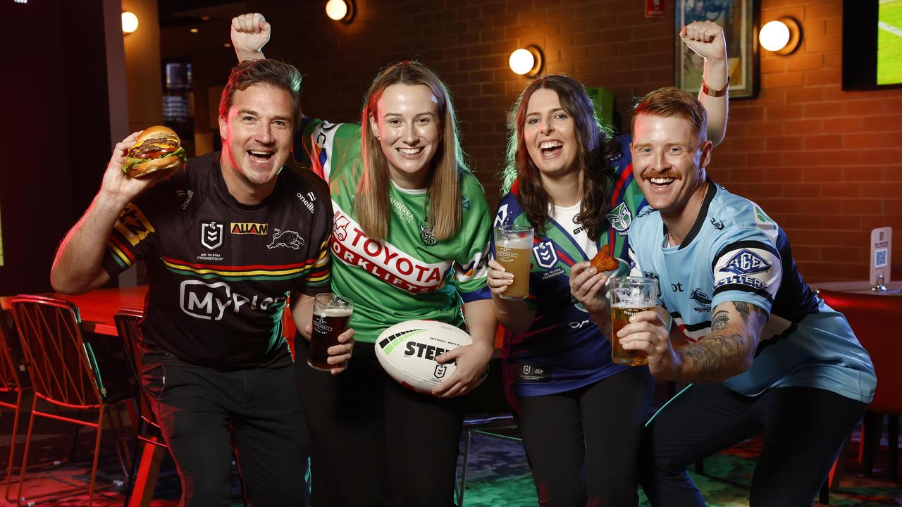 NRL fans Michael Hanratty, Emily Tyler, Kimberley Foord and Chris Briody at Bankstown Sports Club ahead of the first round of the new NRL season. Picture: Richard Dobson