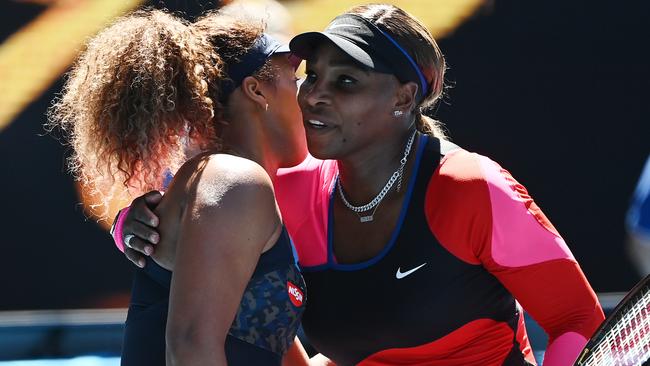 Serena Williams and Naomi Osaka embrace after their semi final battle. Picture: Getty Images