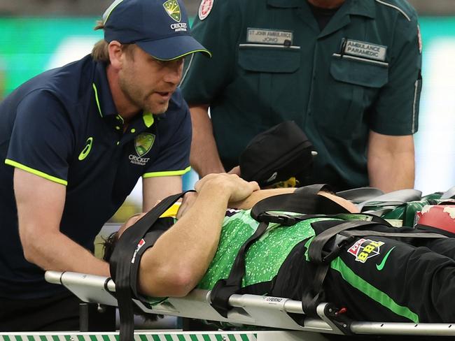 PERTH, AUSTRALIA - DECEMBER 15: Hilton Cartwright of the Stars is taken from the field on the medical bugg after injuring his neck while fielding during the BBL match between Perth Scorchers and Melbourne Stars at Optus Stadium, on December 15, 2024, in Perth, Australia. (Photo by Paul Kane/Getty Images)