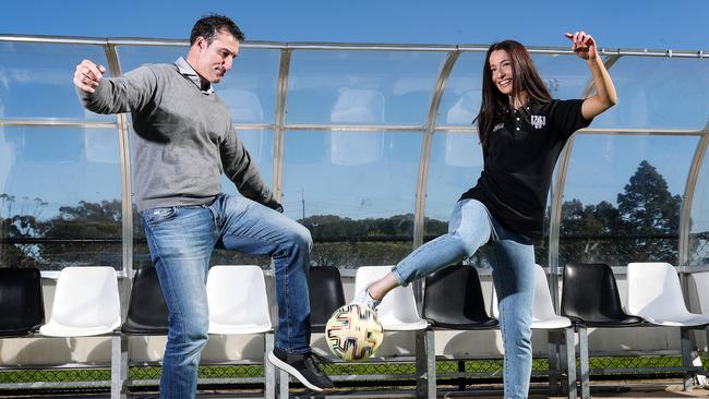 Mikayla Vidmar (L), daughter of ex-Australian soccer player and coach Tony Vidmar, is playing for Adelaide city in the WNPL. Picture: Sarah Reed