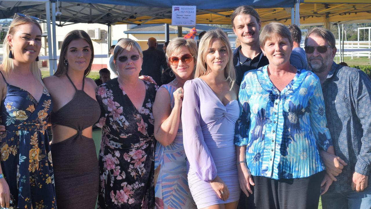 Gympie Turf Club Winter Race Day July 17. Zoe Cannon, Amy Cannon, Debbie Thorley, Julie Lovelady, Alex Cannon, Jack Nielsen, Lee Dickfos and Jeff Dickfos. Photos: Josh Preston