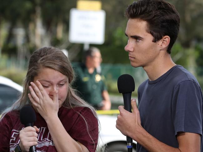 Students Kelsey Friend and David Hogg spoke about the heroic efforts of school staff to save students. Picture: Mark Wilson/Getty Images/AFP