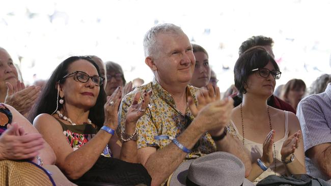 Labor MPs Linda Burney and Tony Bourke applaud during the Prime Minister’s speech at Woodford Folk Festival in Queensland last month. Picture: NCA Newswire / Claudia Baxter