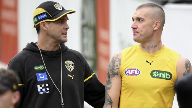 MELBOURNE, AUSTRALIA - JUNE 13: Dustin Martin of the Tigers chats to David Teague, Forwards Coach of the Tigers during a Richmond Tigers AFL training session at Punt Road Oval on June 13, 2024 in Melbourne, Australia. (Photo by Martin Keep/Getty Images)