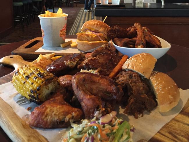 Big Daddy’s BBQ platter (plus the Mac n cheese burger and hot wings, rear).