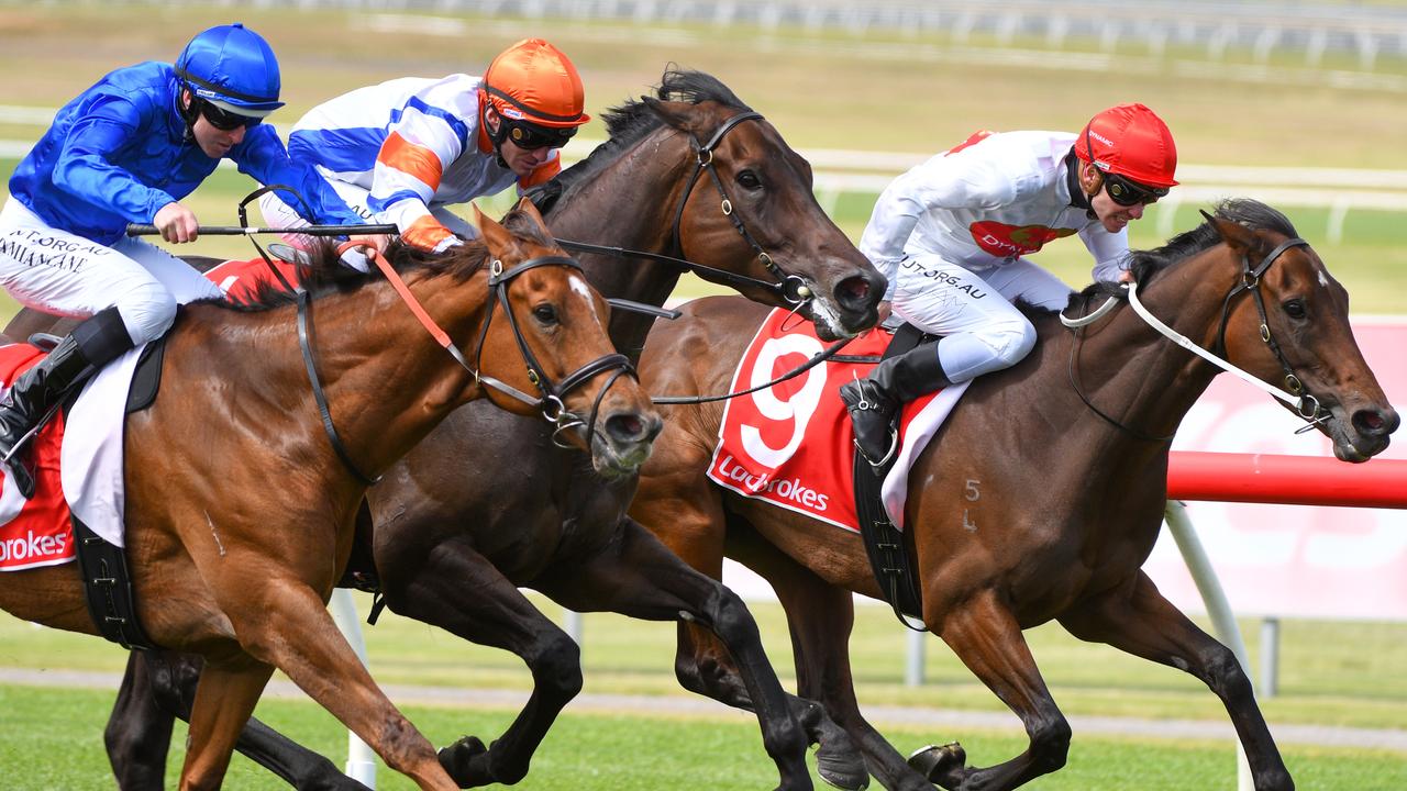 Teleplay surged along the rails to win the Kevin Heffernan Stakes. Picture: AAP