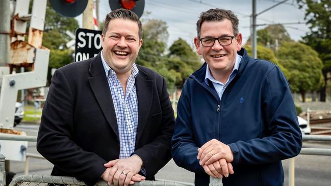 Will Fowles and Daniel Andrews promote a level crossing removal last October. Picture: Facebook