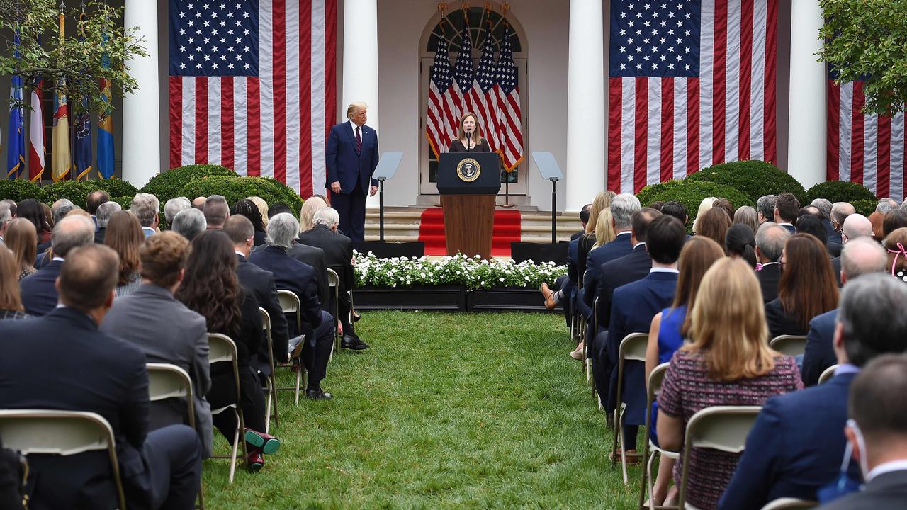 Judge Barrett addressing the crowd. Picture: Olivier Douliery/AFP