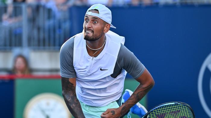MONTREAL, QUEBEC - AUGUST 11: Nick Kyrgios of Australia serves against Alex de Minaur of Australia during Day 6 of the National Bank Open at Stade IGA on August 11, 2022 in Montreal, Canada. (Photo by Minas Panagiotakis/Getty Images)