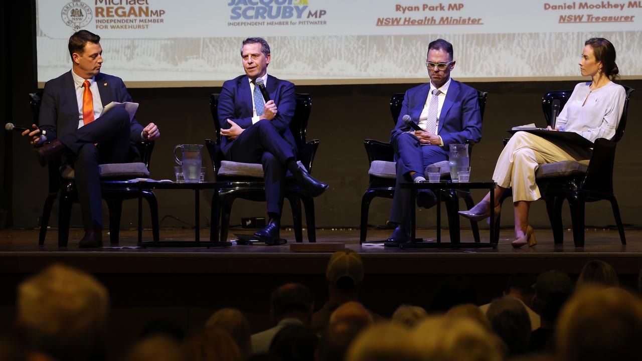 (Left to right) State MP for Wakehurst, Michael Regan, NSW Health Minister Ryan Park, Treasurer Daniel Mookhey and Pittwater MP Jacqui Scruby at the community forum at Dee Why RSL on May 15 to discuss the future of Northern Beaches Hospital. Picture: Jonathan Ng