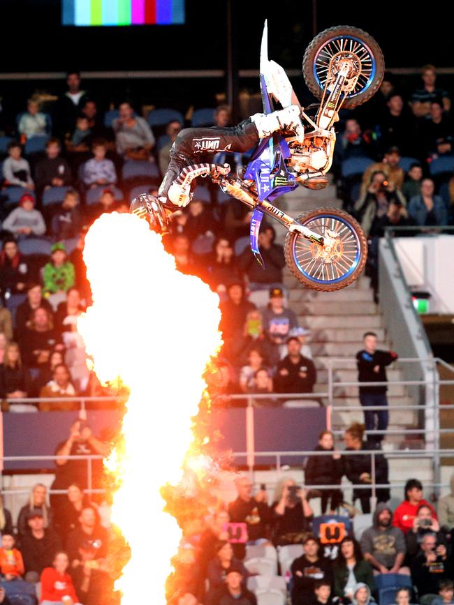 Nitro Circus at Kardinia Park on March 7, 2022. Stunts, crowd reactions, fireworks, plenty of colour. Picture: Mark Wilson